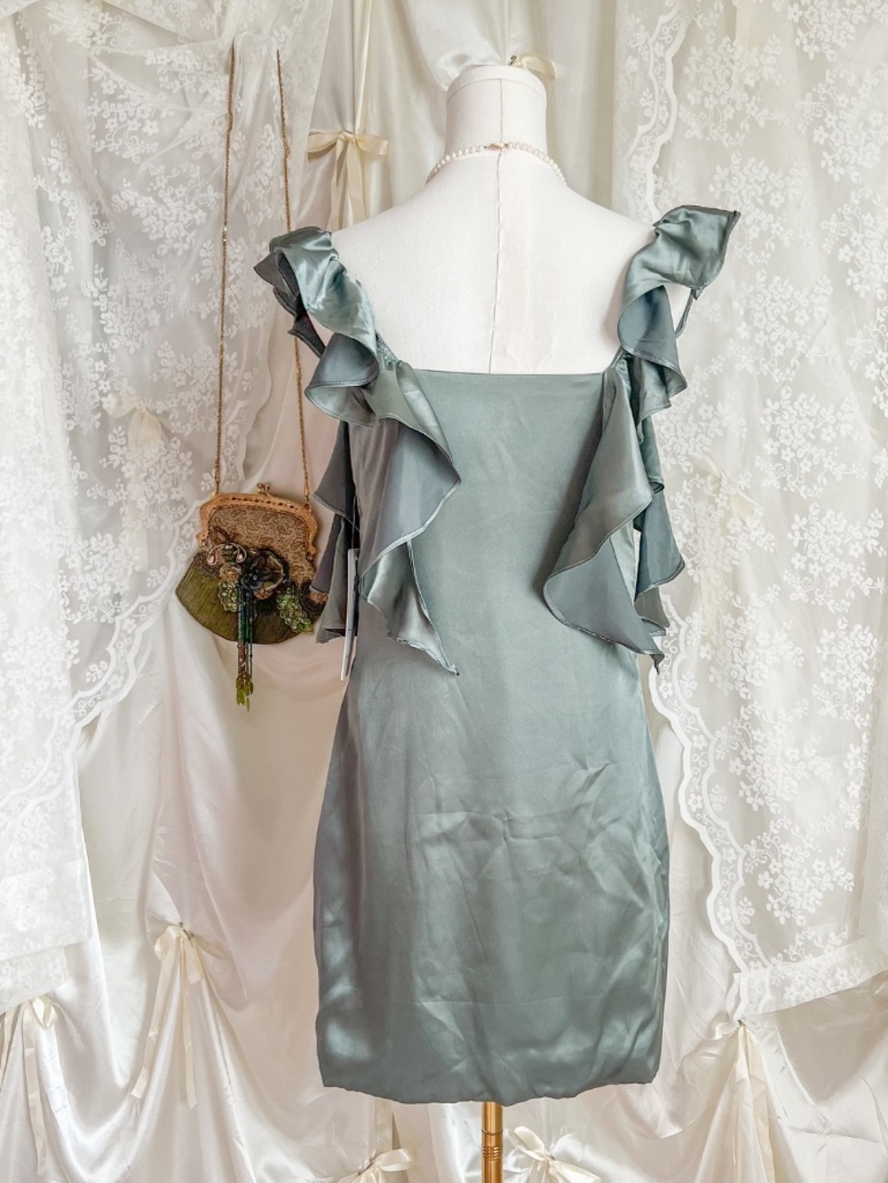 Sage Satin Flutter Sleeve Party Dress NWT - Picture 2 of 4